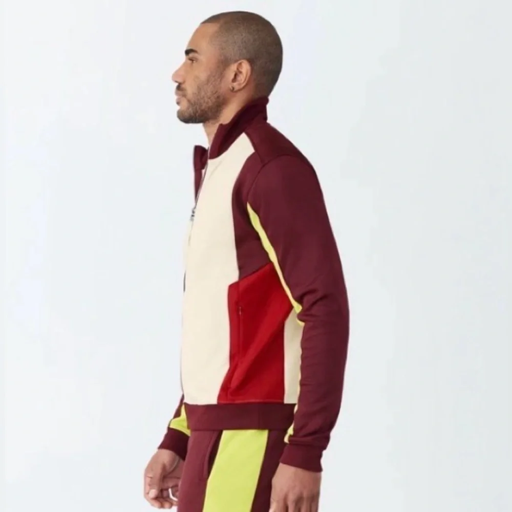 NWT GSTQ Men’s Colorblock Knit Zip-Up Jacket Cream Maroon Bright Yellow - L
